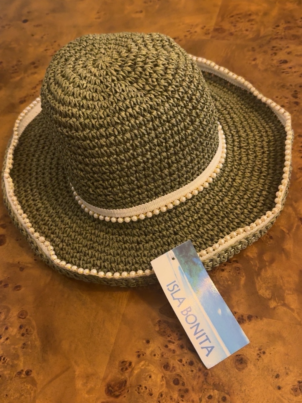 Isla Bonita Olive Crochet Sun Hat with Pearl Trim